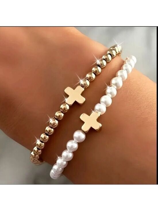 Jewelry - 2pc Set of Beaded Cross Bracelets, Simple and Fashionable Bracelet Ornaments NIP